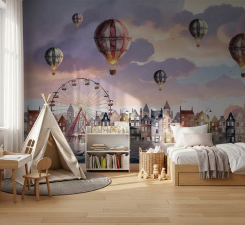 Kinder Fototapete mit Hafen, Dorf und Heißluftballons