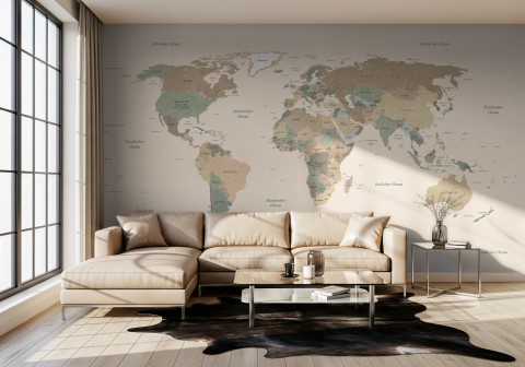 Weltkarte auf Deutsch - Politische Weltkarte Fototapete in sanften Farben