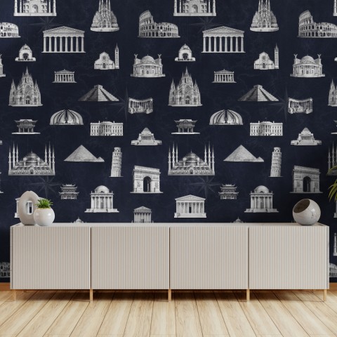 Vintage World Architecture Sketch Wallpaper Mural