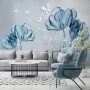 Blaue Transparente Blumen und Weiße Schmetterlinge Fototapete