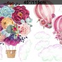 Buntes Blumenstrauß Heißluftballon und Rosa Wolken Wandtattoo