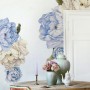 Blaue und Weiße Pfingstrosen-Blumensträuße mit Grünen Blättern Wandtattoo
