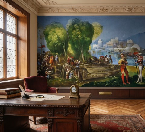 Mittelalterliche Seelandschaft mit Booten Fototapete