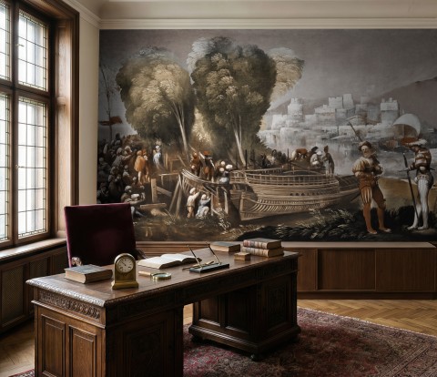 Mittelalterliche Seelandschaft mit Booten Fototapete